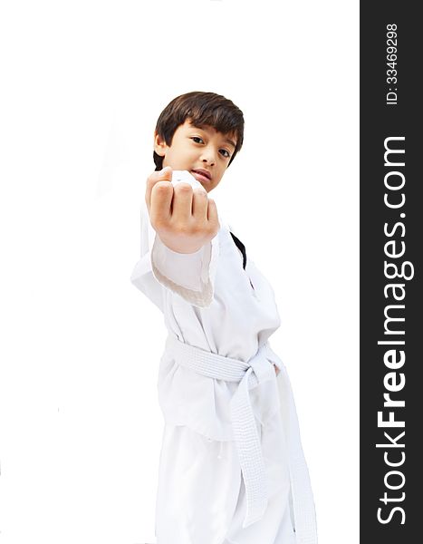 Little tae kwon do boy martial art white background