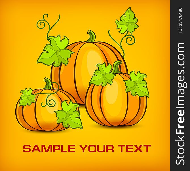 Big pumpkins with green leaves on yellow, Halloween vector illustration. Big pumpkins with green leaves on yellow, Halloween vector illustration