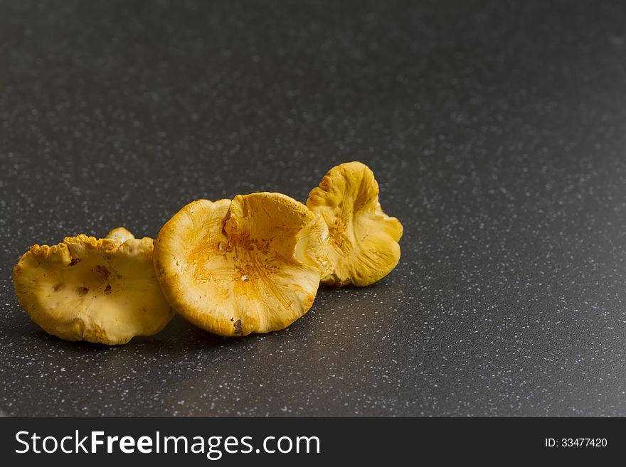 Group chanterelle mushroom laying on spotted ceramic surface