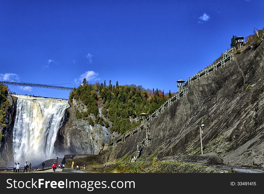 The Quebec Montmorency falls and the steps to the observation decks in the fall