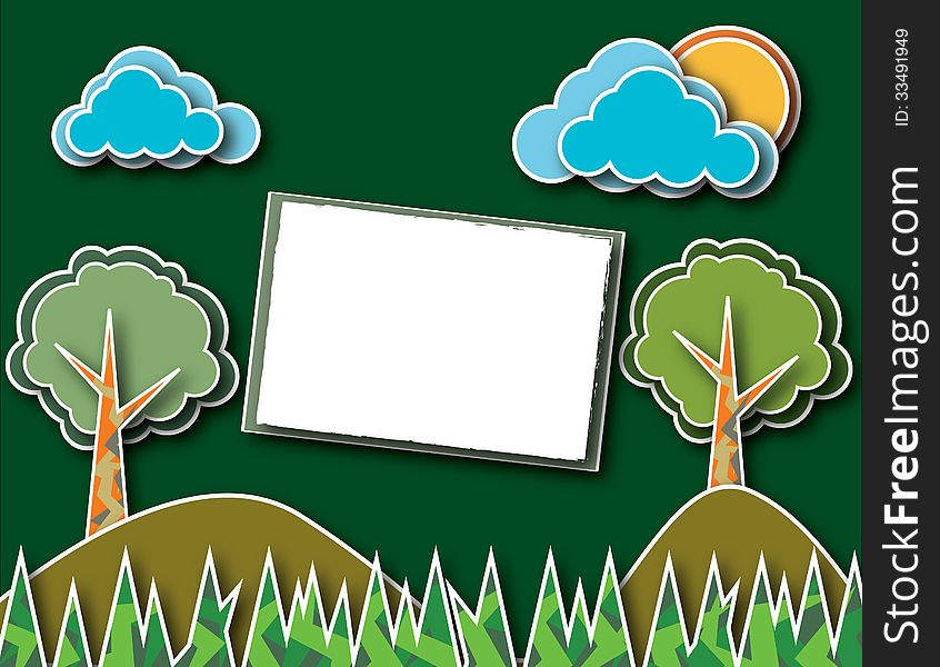 Illustration of forest, clouds and sun with a green background and the middle can be to enter text. Illustration of forest, clouds and sun with a green background and the middle can be to enter text