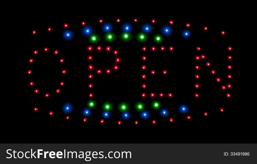 LED open sign in night city isolated on black. LED open sign in night city isolated on black