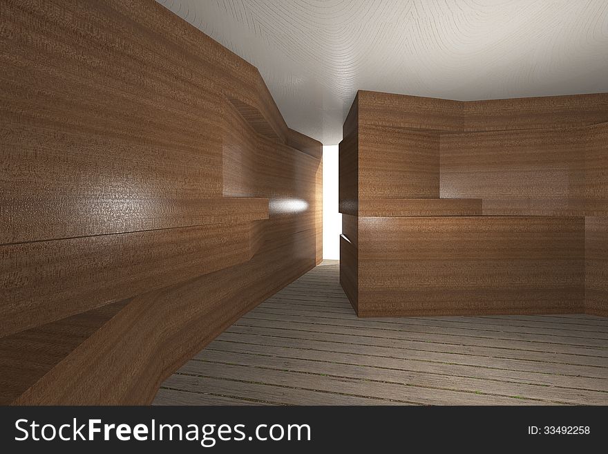 Futuristic interior with wooden wall