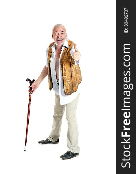 Senior man walking with a cane isolated on white background
