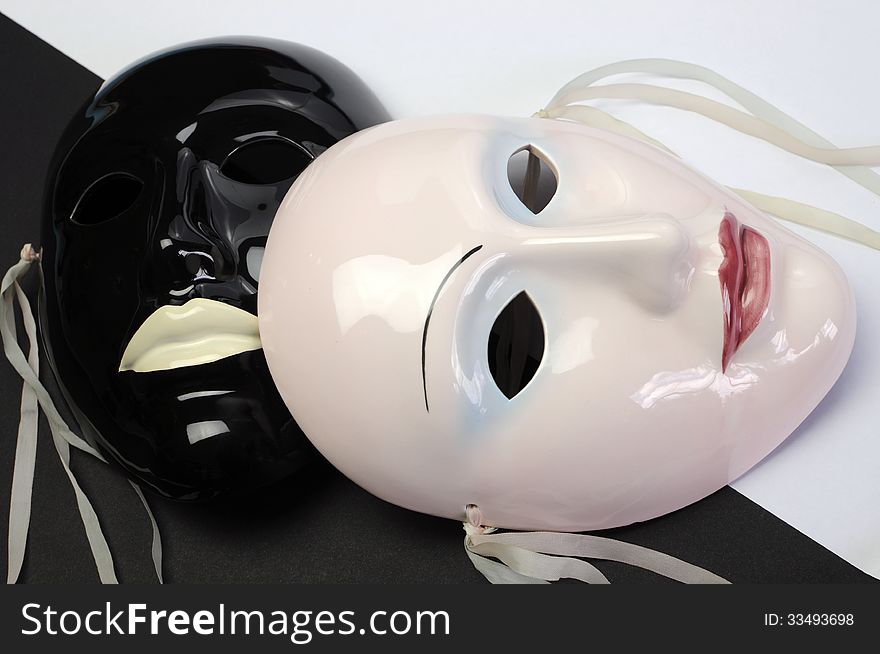 Black And White Theme Ceramic Masks. Close Up.