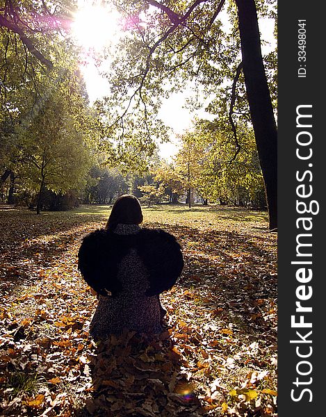 Young woman sitting under the autumn leaves alone. Young woman sitting under the autumn leaves alone