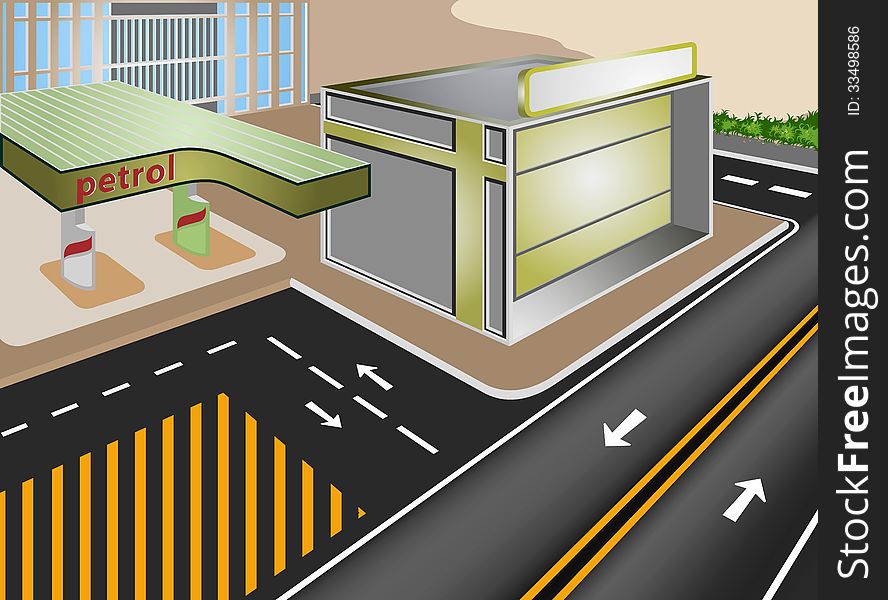 Petrol Gasoline station in the city illustration cartoon background