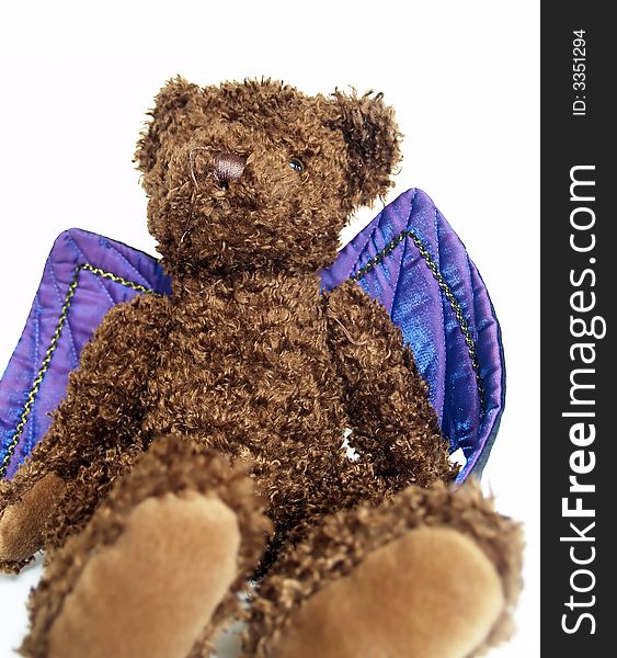 Soft toy bear, dressed for halloween with purple bat wings. Soft toy bear, dressed for halloween with purple bat wings