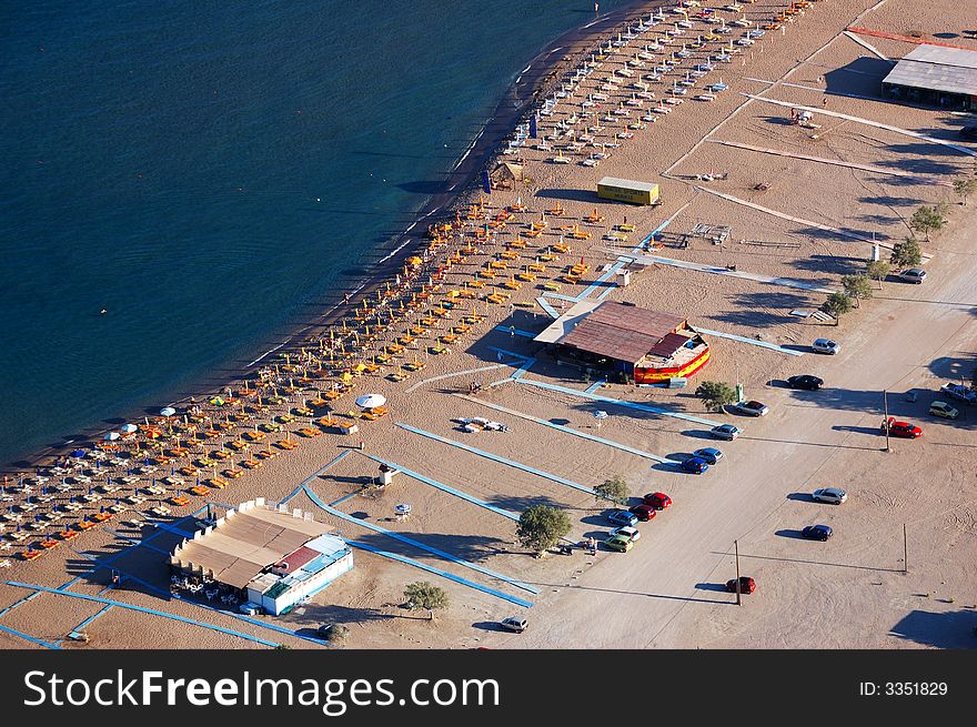 Aerial view of greek beach, horizontal orientation. Aerial view of greek beach, horizontal orientation