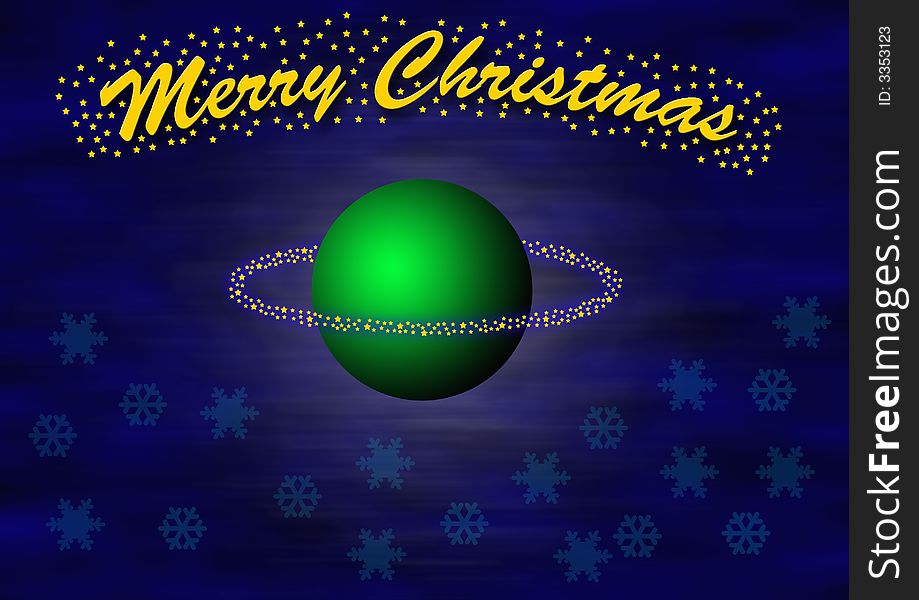 Christmas theme with a levitating green ball and little stars flying around. In the top the lettering merry christmas, some transparent snowflakes in the bottom