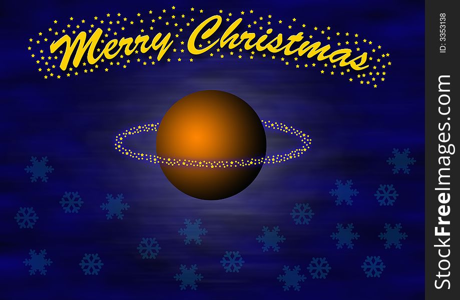 Christmas theme with a levitating orange ball and little stars flying around. In the top the lettering merry christmas, some transparent snowflakes in the bottom