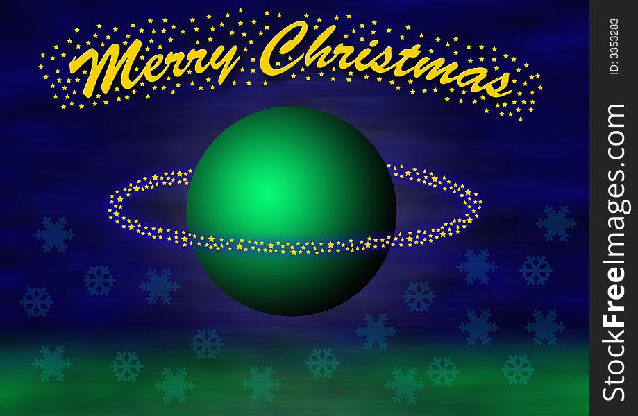 Christmas theme with a levitating big green ball and little stars flying around. In the top the lettering merry christmas, some transparent snowflakes and blurred green  in the bottom