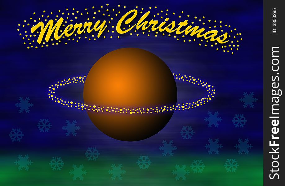 Christmas theme with a levitating big orange ball with little stars flying around. In the top the lettering merry christmas, some transparent snowflakes and blurred green  in the bottom