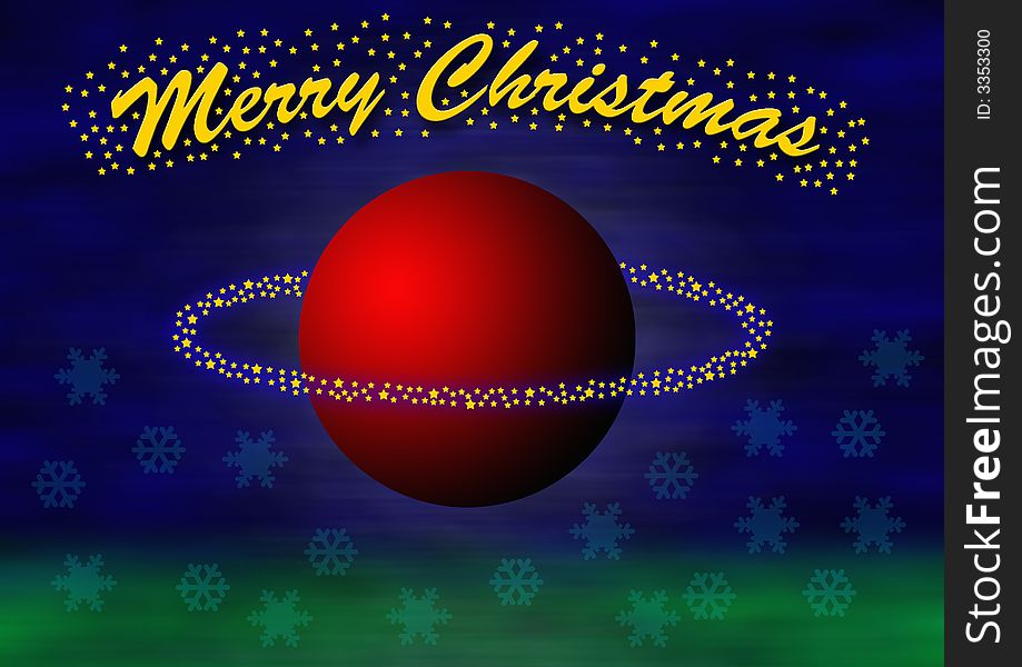 Christmas theme with a levitating big red ball with little stars flying around. In the top the lettering merry christmas, some transparent snowflakes and blurred green in the bottom
