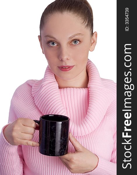 young girl holding cup on white background. young girl holding cup on white background