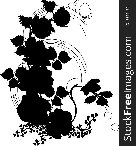Illustration with black and white poppy and rose decoration. Illustration with black and white poppy and rose decoration