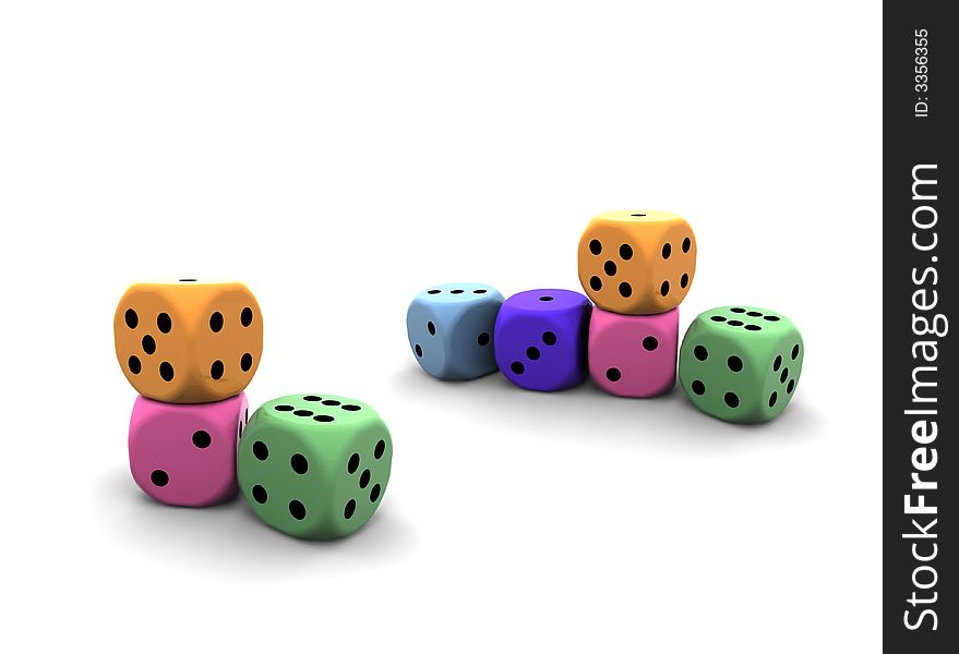 Isolated dices on white background - 3d illustration. Isolated dices on white background - 3d illustration