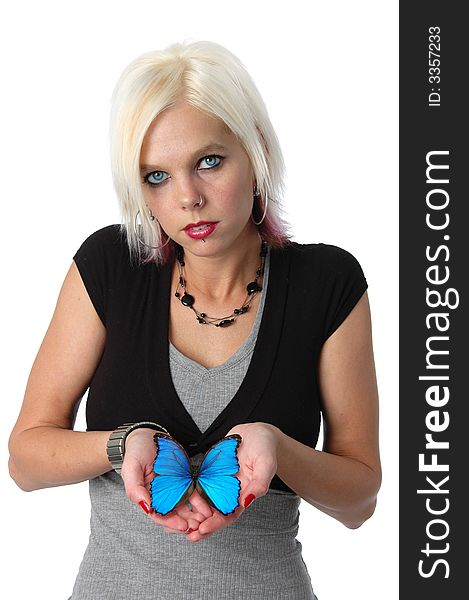 Beautiful Blonde Holding A Blue Butterfly