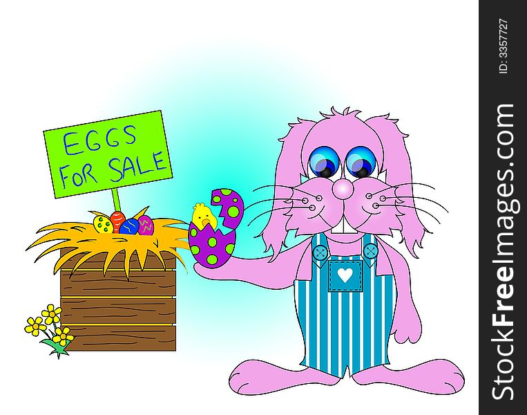 Easter Bunny with Easter eggs for sale in the background, illustration.