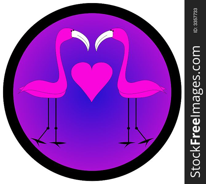 Two flamingo birds with a heart between them,round graphic over a white background. Two flamingo birds with a heart between them,round graphic over a white background.