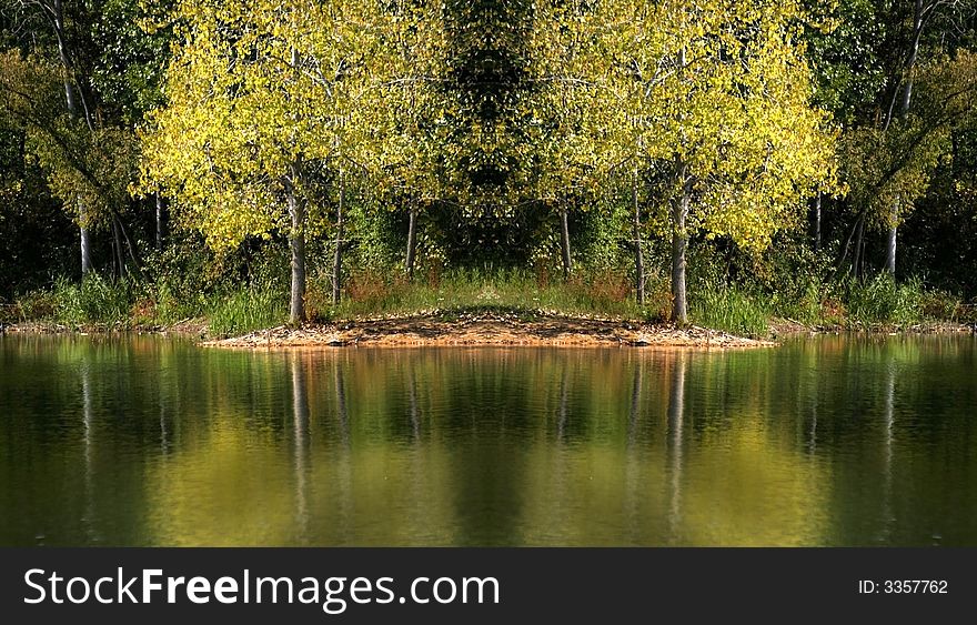 Yellow colored trees with reflections in the lake during early autumn time. Yellow colored trees with reflections in the lake during early autumn time