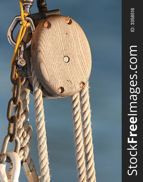 Traditional wooden ship rigging close-up