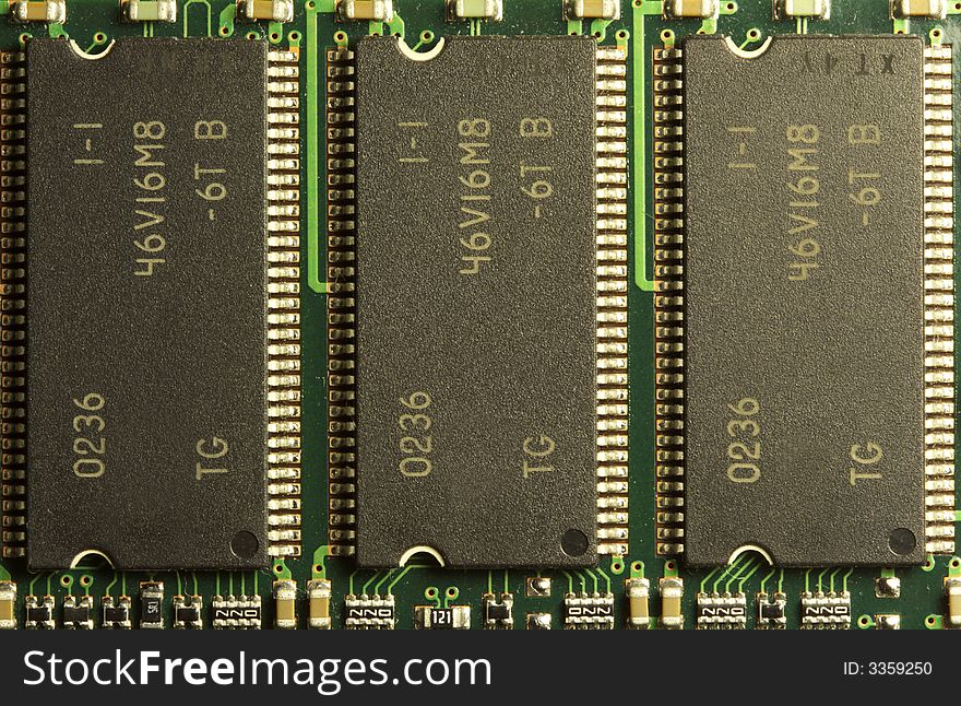 Close up of a computer RAM memory chips in a row. Close up of a computer RAM memory chips in a row.