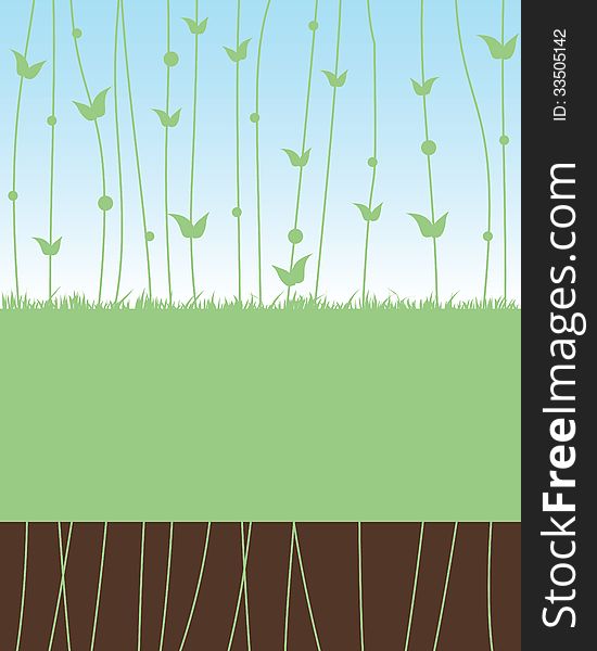 Vector abstract eology background, with ground, grass,plants, sky and copy space for text. Vector abstract eology background, with ground, grass,plants, sky and copy space for text