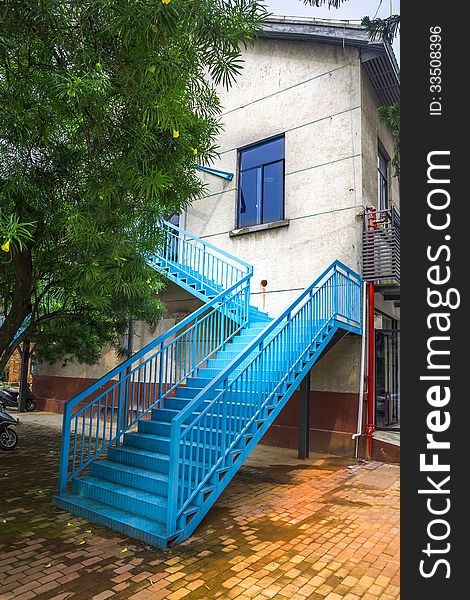 Blue steel staircase to a house. Blue steel staircase to a house