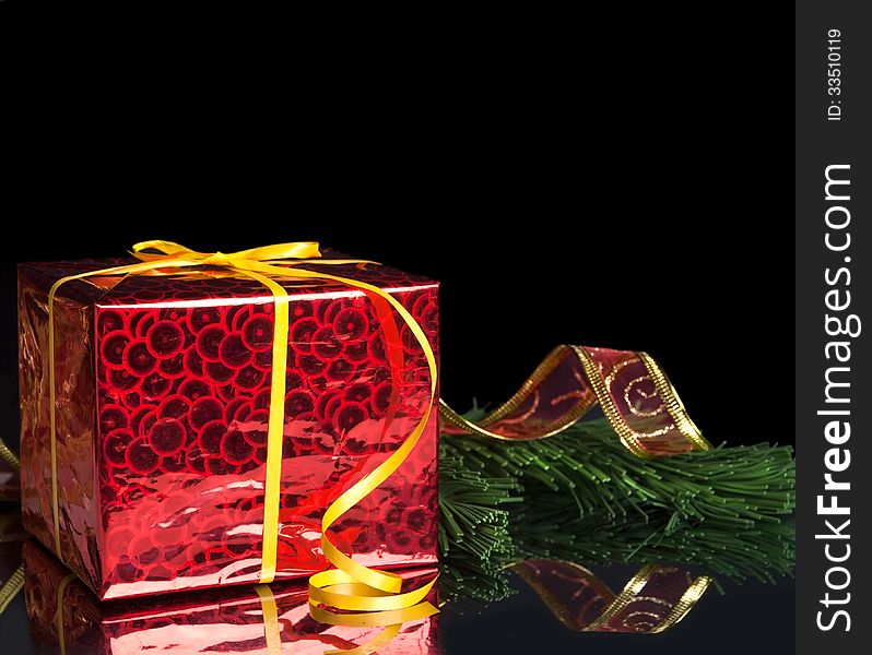 New Year S Gift In The Red Packaging And The Green Line