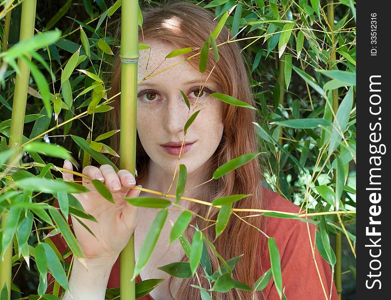 A portrait of a gorgeous redhead looking out through bamboo. A portrait of a gorgeous redhead looking out through bamboo