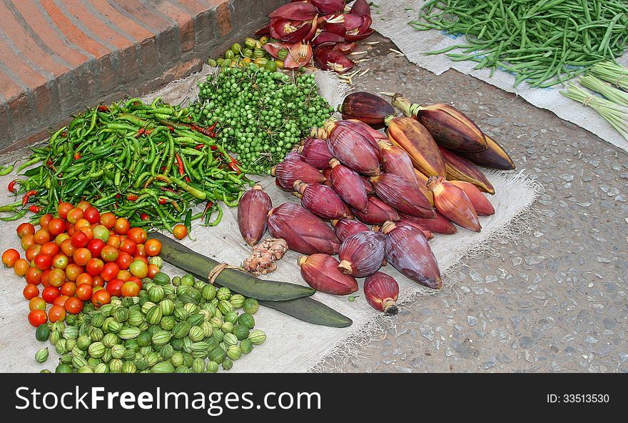 Fresh Healthy Vegetables At The Market, Laos,Asia