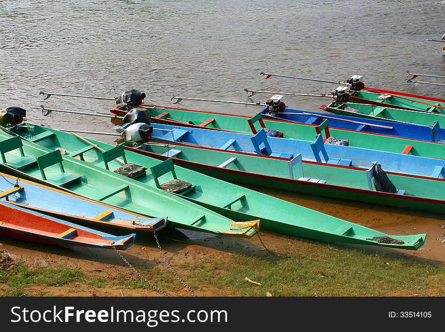 Adventurous  rafting boats at the river, Laos