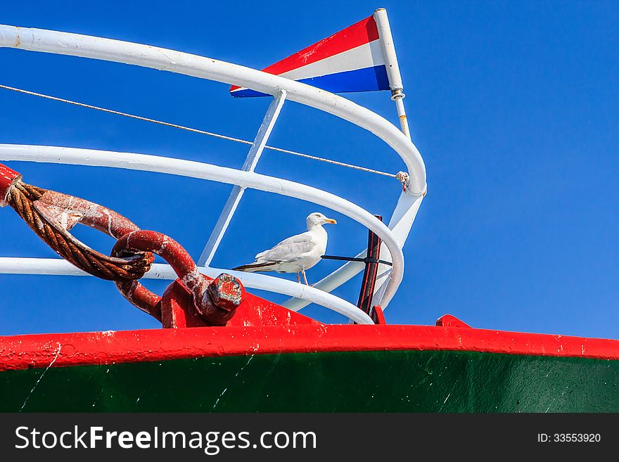 A seagull on the forepart of a fishing ship. A seagull on the forepart of a fishing ship.