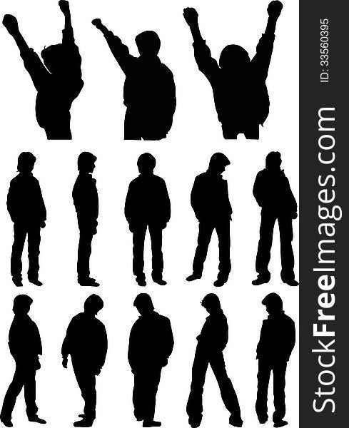 The illustration shows the silhouettes of young people in various poses. They stand, walk, and raise their hands up. Isolated on a white background on separate layers. The illustration shows the silhouettes of young people in various poses. They stand, walk, and raise their hands up. Isolated on a white background on separate layers.