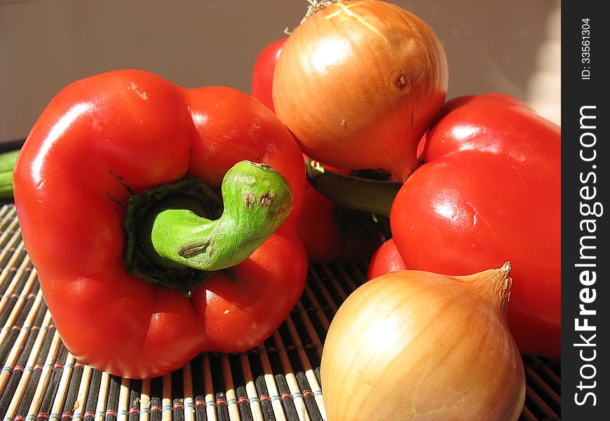 still life with peppers and onions