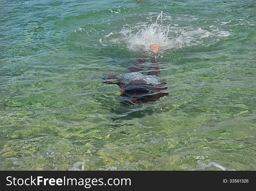 A black boy swimming underwater in the sea
