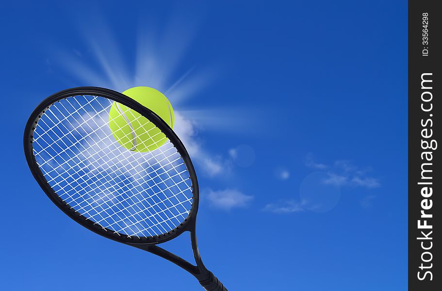 Tennis racket on a sky background with sun and a tennis ball. Tennis racket on a sky background with sun and a tennis ball