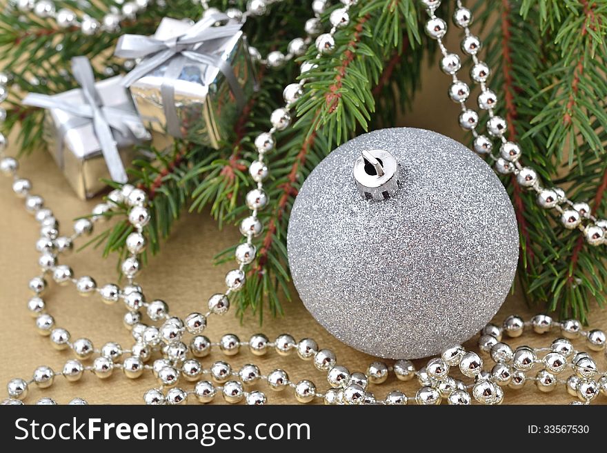 Christmas decorations on a spruce branch