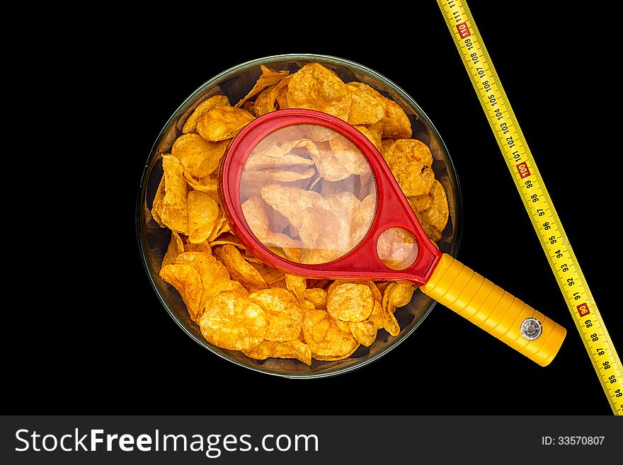 A bowl of potato chips with loupe and metering rule, isolated on black.