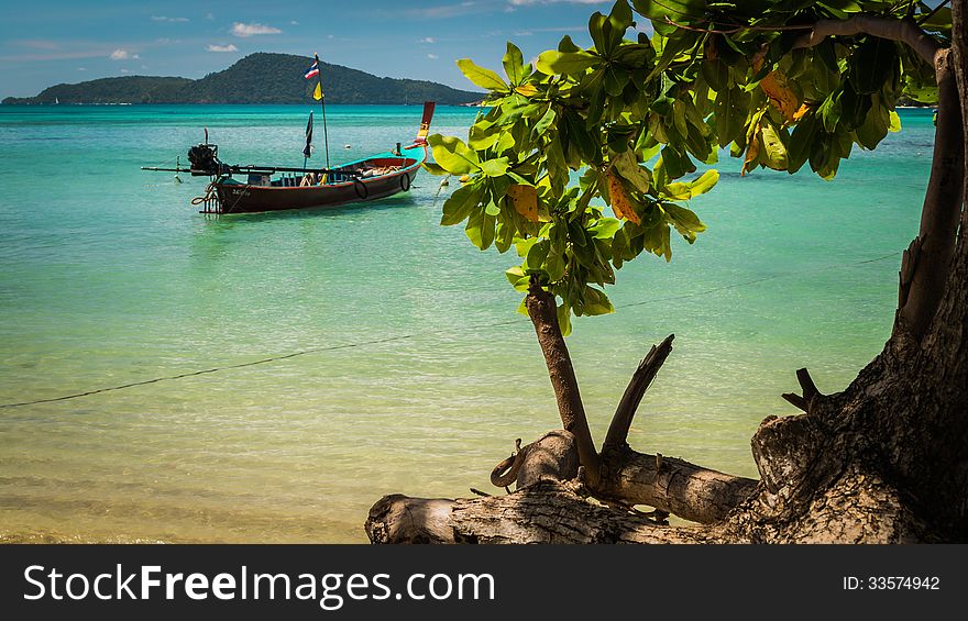 Wooden boat on the sea under sunlight with a tree on the beach