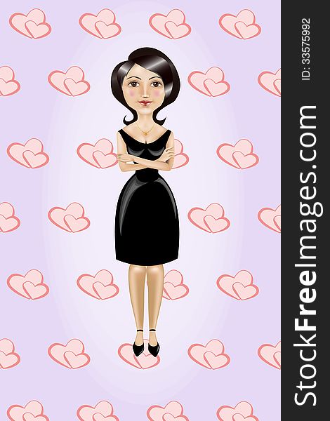 The vector cartoon illustration of brunette in black dress on lilac background. The vector cartoon illustration of brunette in black dress on lilac background.