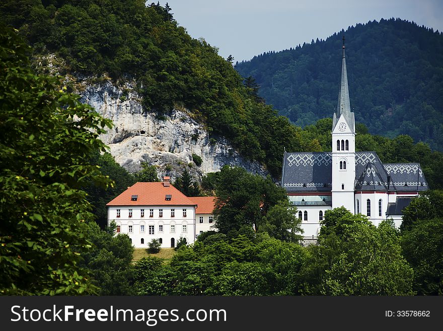 Scenic view of Bled church near the lake in Slovenia, Europa.