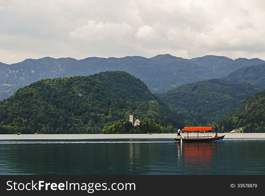 Colorful boat on Lake Bled. Slovenia, Europe