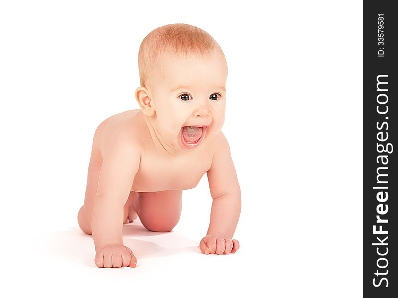 Happy naked baby isolated on white background