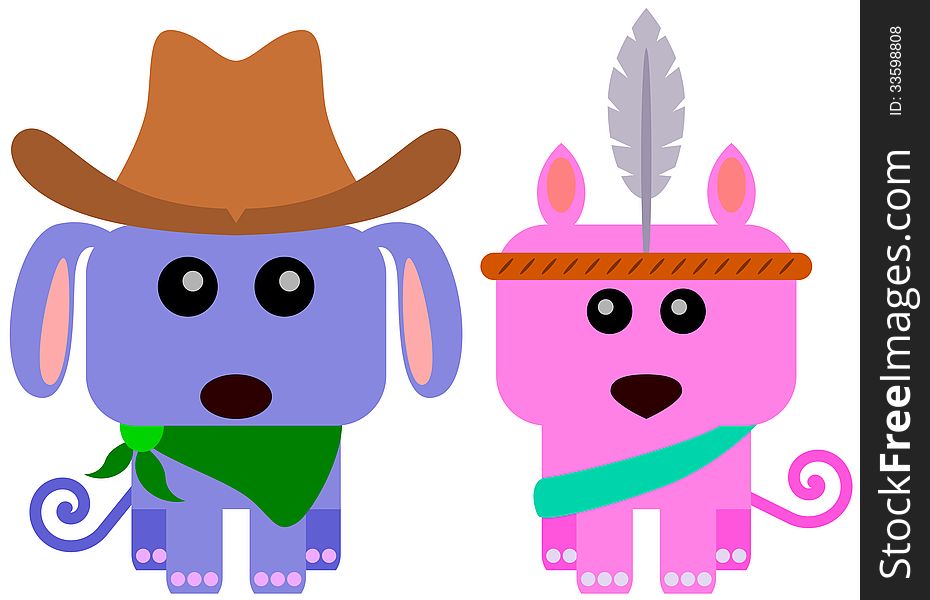 A dog dressed in a cowboy suit and a cat dressed like an Indian. A dog dressed in a cowboy suit and a cat dressed like an Indian