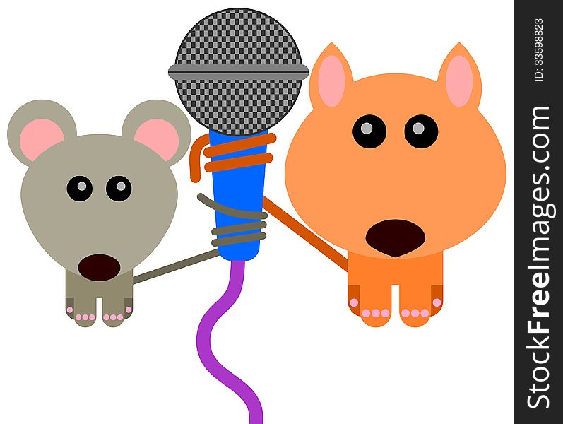 A cat and a mouse carrying a microphone with their tails. A cat and a mouse carrying a microphone with their tails