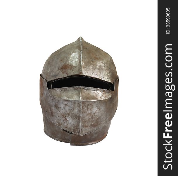 Ancient military iron knight helmet on white background. Isolated with clipping path. Ancient military iron knight helmet on white background. Isolated with clipping path