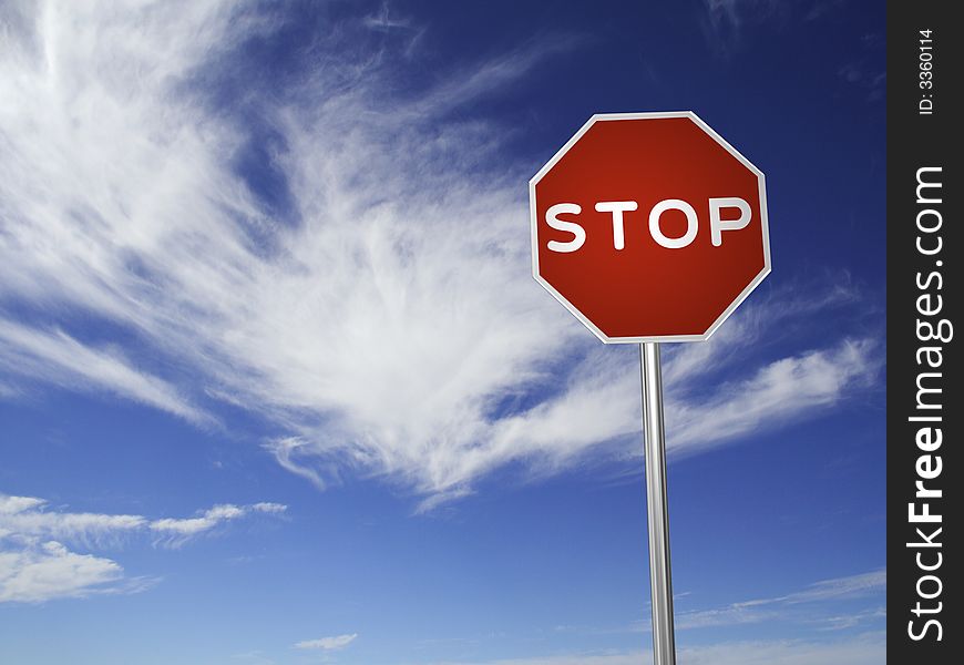 A red, traffic, STOP sign, made on a 3D rendering software. (with a sky background)