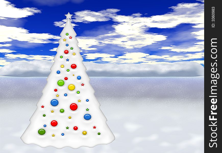 Christmas tree full of colorful lamps in a snowy land background, illustration